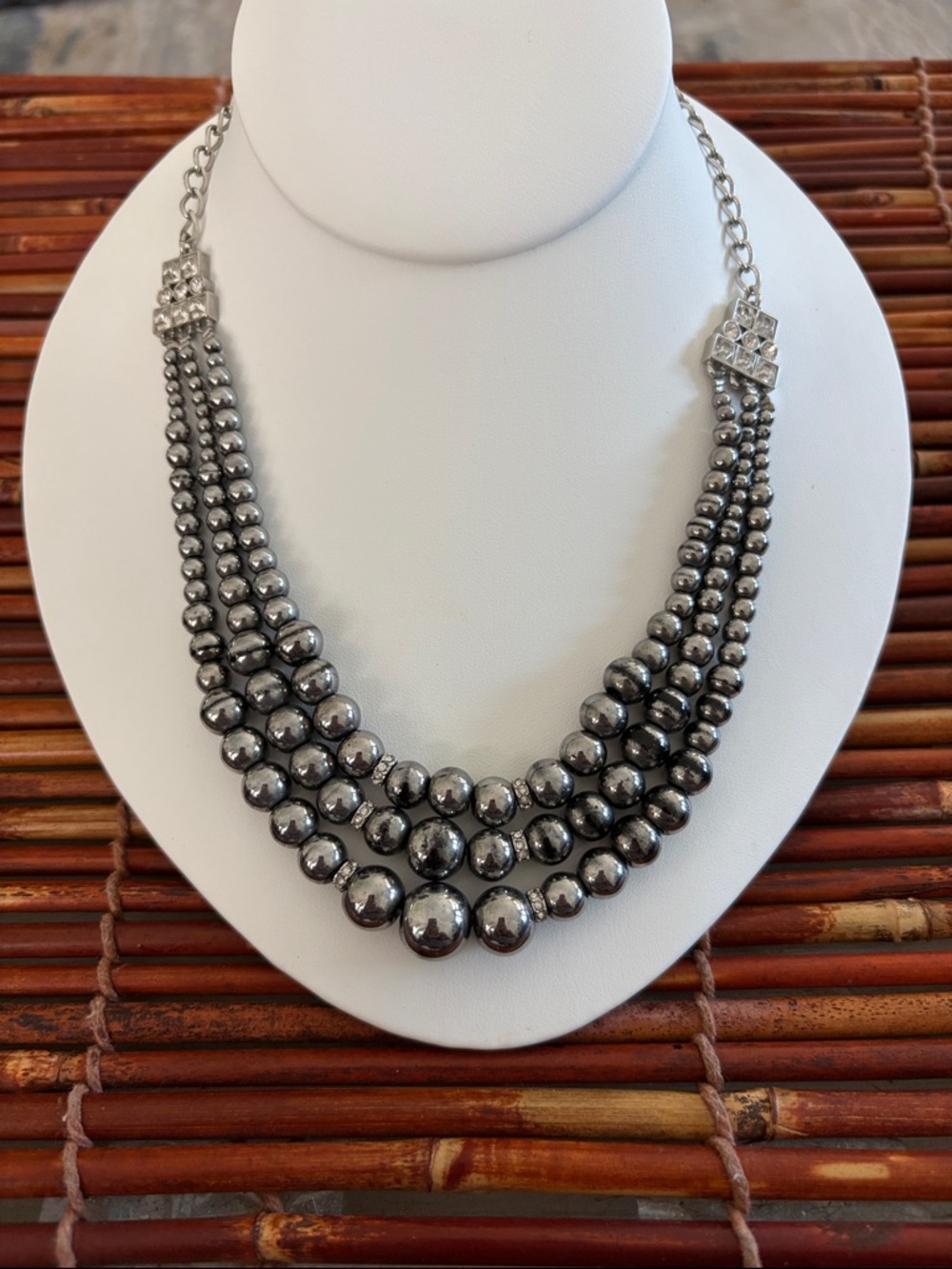 Lia Sophia Triple-Strand Hematite-Tone Beaded Necklace 17”-20”